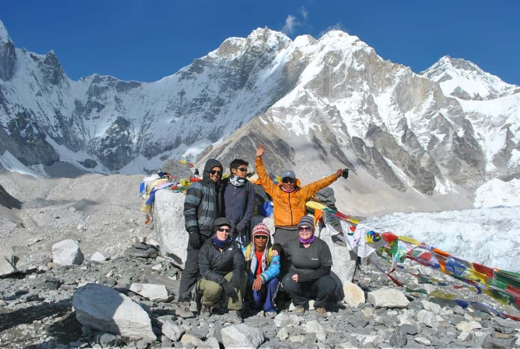 Trekking to Everest Base Camp, a team of 3 british clients and two sherpas made to Everest Base Camp.